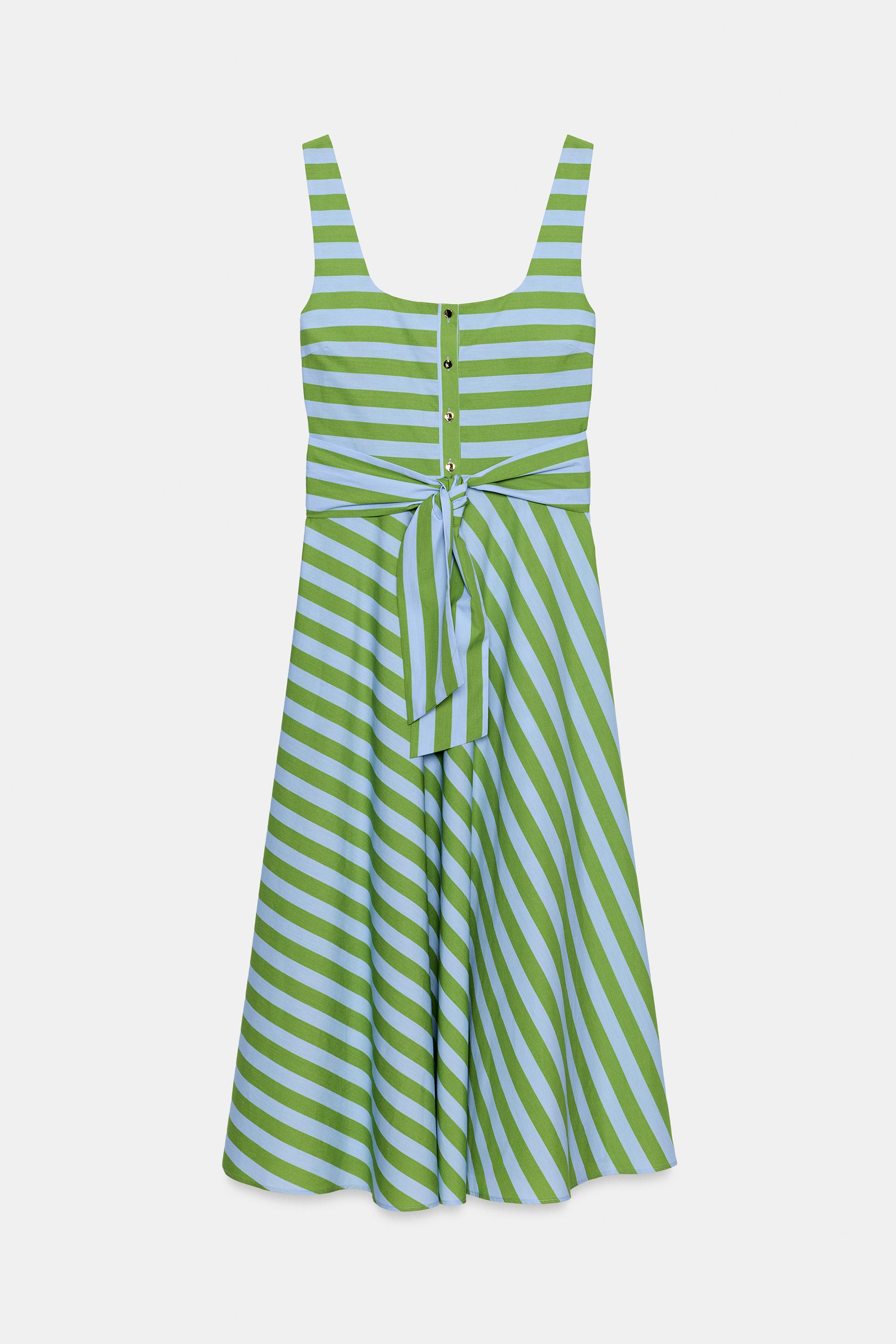 STRIPED BELTED MIDI DRESS